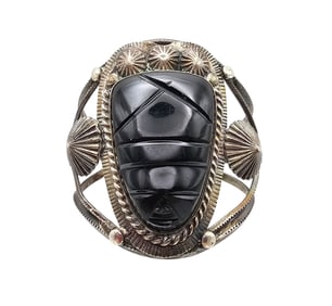 Onyx Sterling Silver Carved Face Mask Cuff Bracelet 72.8 G