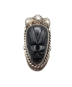 Onyx Sterling Silver Carved Face Mask Ring Size 5.75 15.6 G
