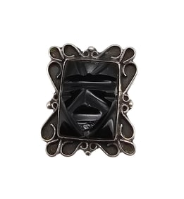 Onyx Sterling Silver Carved Face Mask Ring Size 6 4.6 G