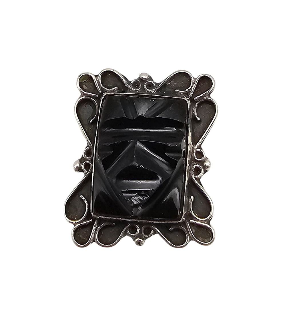 Onyx Sterling Silver Carved Face Mask Ring Size 6 4.6 G: Onyx Sterling Silver Carved Face Mask Ring Size 6 4.6 G