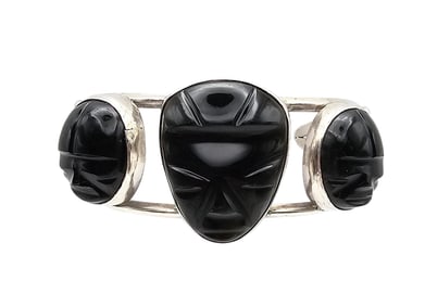 Onyx Sterling Silver Carved Face Mask Cuff Bracelet 37.9 G
