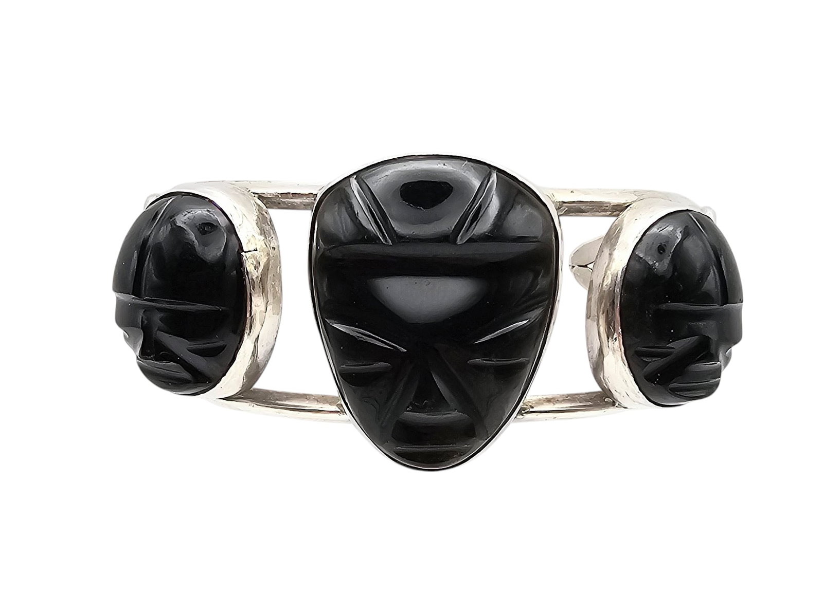 Onyx Sterling Silver Carved Face Mask Cuff Bracelet 37.9 G: Onyx Sterling Silver Carved Face Mask Cuff Bracelet 37.9 G