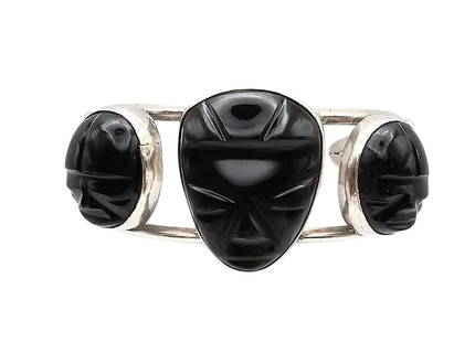 Onyx Sterling Silver Carved Face Mask Cuff Bracelet 37.9 G: Onyx Sterling Silver Carved Face Mask Cuff Bracelet 37.9 G