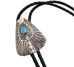 Signed Native Turquoise Sterling Silver Bolo Tie 31.1 G