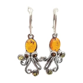 Amber Sterling Silver Octopus Dangle Earrings 6.5 G