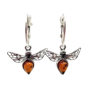Amber Sterling Silver Bee Dangle Earrings 2.8 G