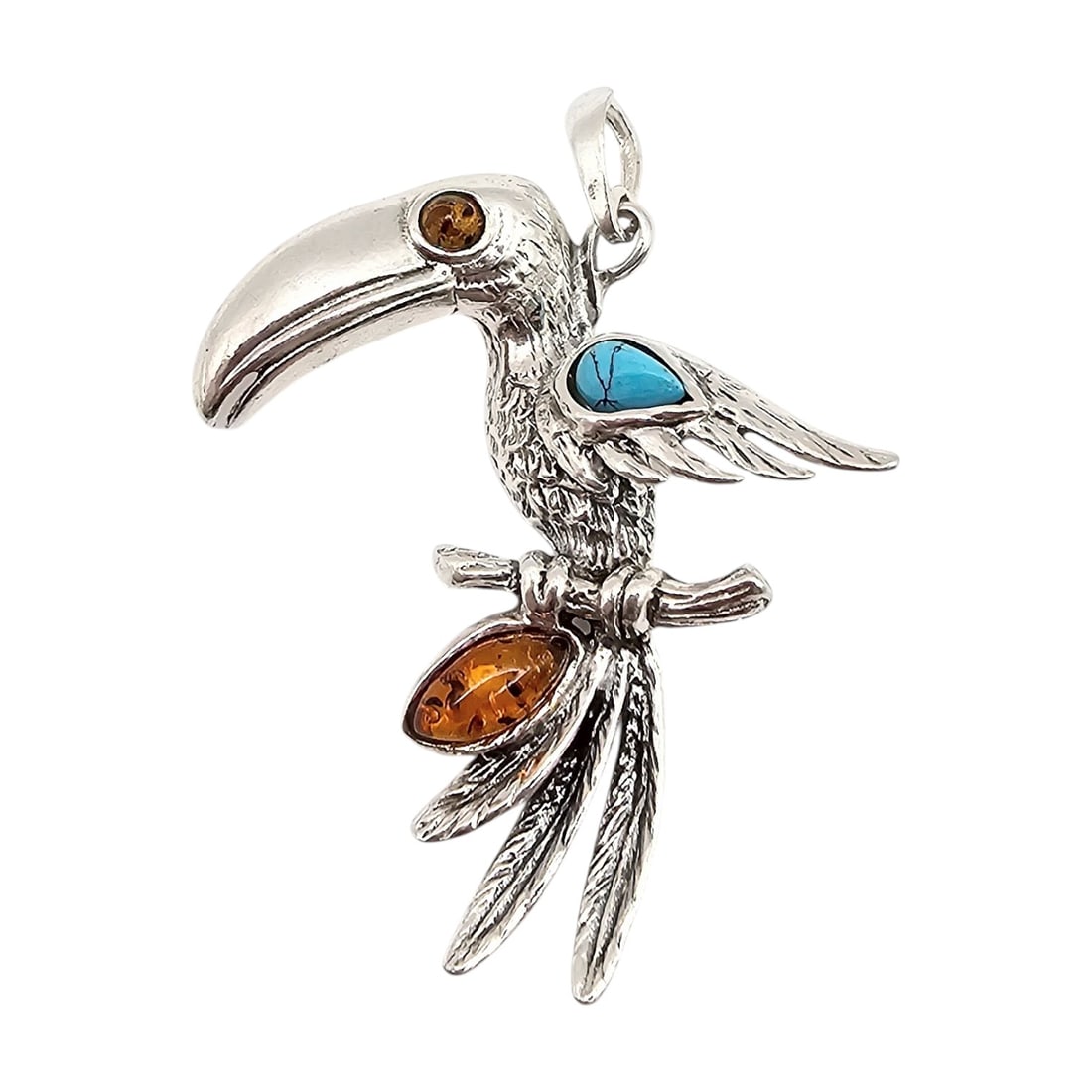 Amber Turquoise Sterling Silver Toucan Bird Pendant 4.6 G: Amber Turquoise Sterling Silver Toucan Bird Pendant 4.6 G
