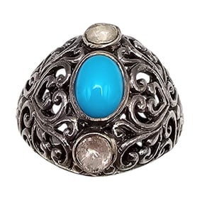 Diamond Turquoise Sterling Silver Ring Size 7.75 7.8 G