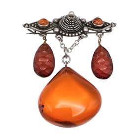 Vintage Amber Sterling Silver Brooch 10.3 G