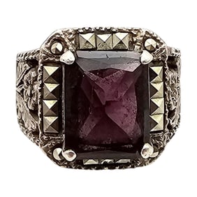 Amethyst Marcasite Sterling Silver Cocktail Ring Size 6.5 7.6 G
