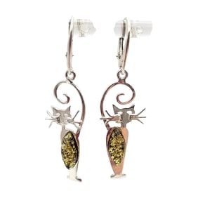 Green Amber Sterling Silver Cat Dangle Earrings 4 G