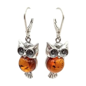Amber Sterling Silver Owl Dangle Earrings 5.6 G