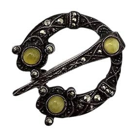 Green Agate Marcasite Sterling Silver Celtic Penannular Brooch 5.8 G