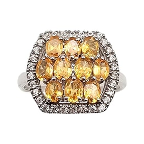SD Citrine White Topaz Sterling Silver Cocktail Ring Size 7.5 3.9 G