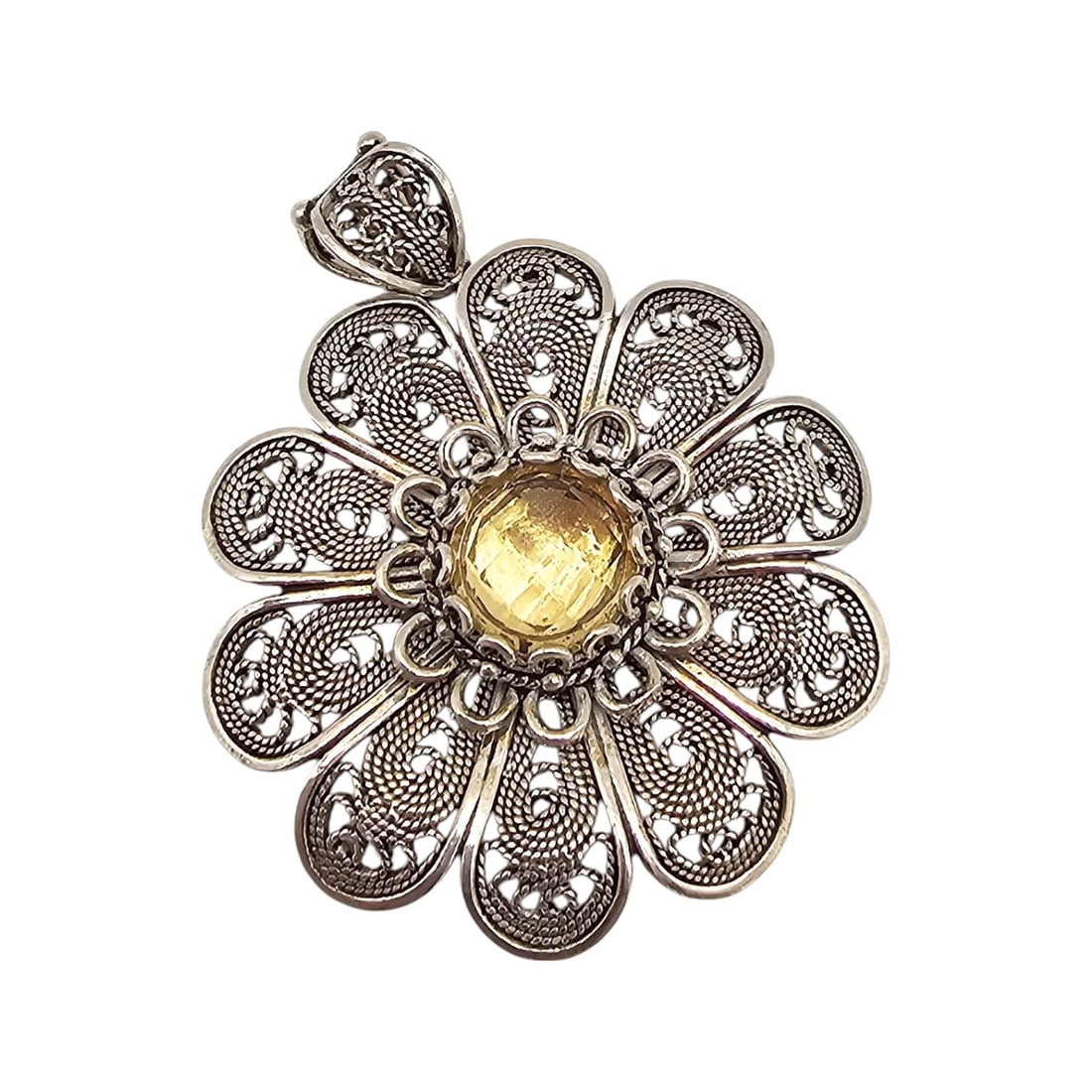 DGS Turkey Citrine Sterling Silver Filigree Flower Pendant 11.9 G: DGS Turkey Citrine Sterling Silver Filigree Flower Pendant 11.9 G