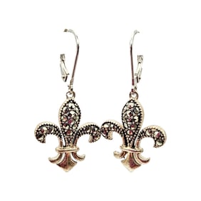 Signed Marcasite Gold Over Sterling Silver Fleur De Lis Dangle Earrings 3.9 G