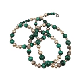 Vintage Malachite Sterling Silver Bead Necklace 76.9 G