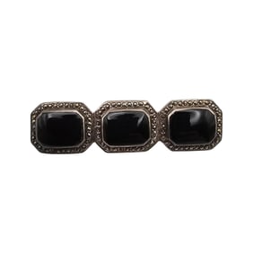 Marcasite Onyx Sterling Silver Brooch 8.7 G