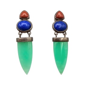 WK Aventurine Sodalite Coral Sterling Silver Dangle Earrings 9.2 G
