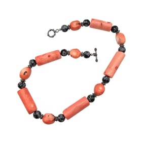 Snowflake Obsidian Coral Silver Tone Toggle Necklace