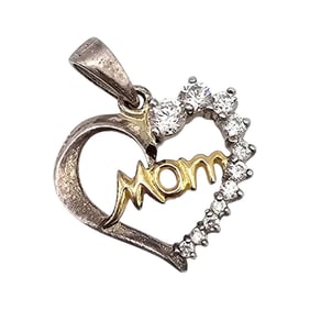 Rhinestone Sterling Silver Mom Heart Pendant 1.8 G