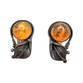 Signed Amber Sterling Silver Earrings 7.1 G