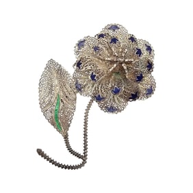 Topazio? Enamel Sterling Silver Filigree Flower Brooch 17.5 G