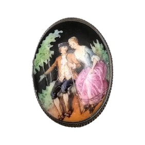 Vintage Porcelain Painted Victorian Scene Sterling Silver Ring Size 4.25 10.7 G