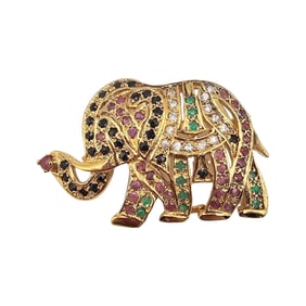 Emerald Diamond Ruby Sapphire Gold Over Sterling Silver Elephant Brooch 14.5 G