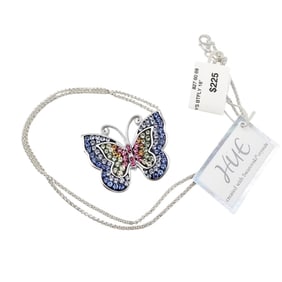 NIB Swarovski Crystal Colorful Sterling Silver Butterfly Necklace 10.7 G