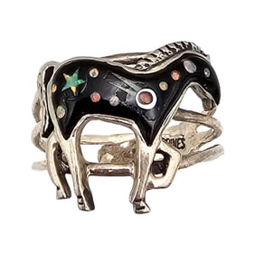 Southwestern Style Opal Coral Enamel Sterling Silver Horse Ring Size 8.25 4.3 G
