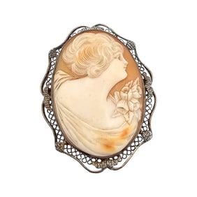 Vintage Shell Carved Cameo Sterling Silver Brooch 9.3 G