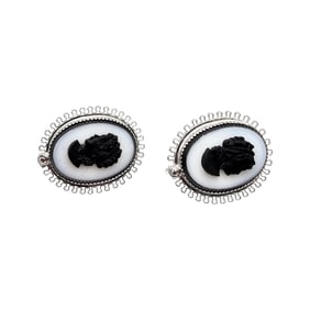 AM Co Black White Cameo Sterling Silver Earrings 8.1 G