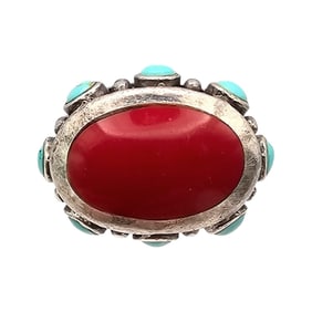 Southwestern Coral Turquoise Sterling Silver Ring Size 7.75 10 G