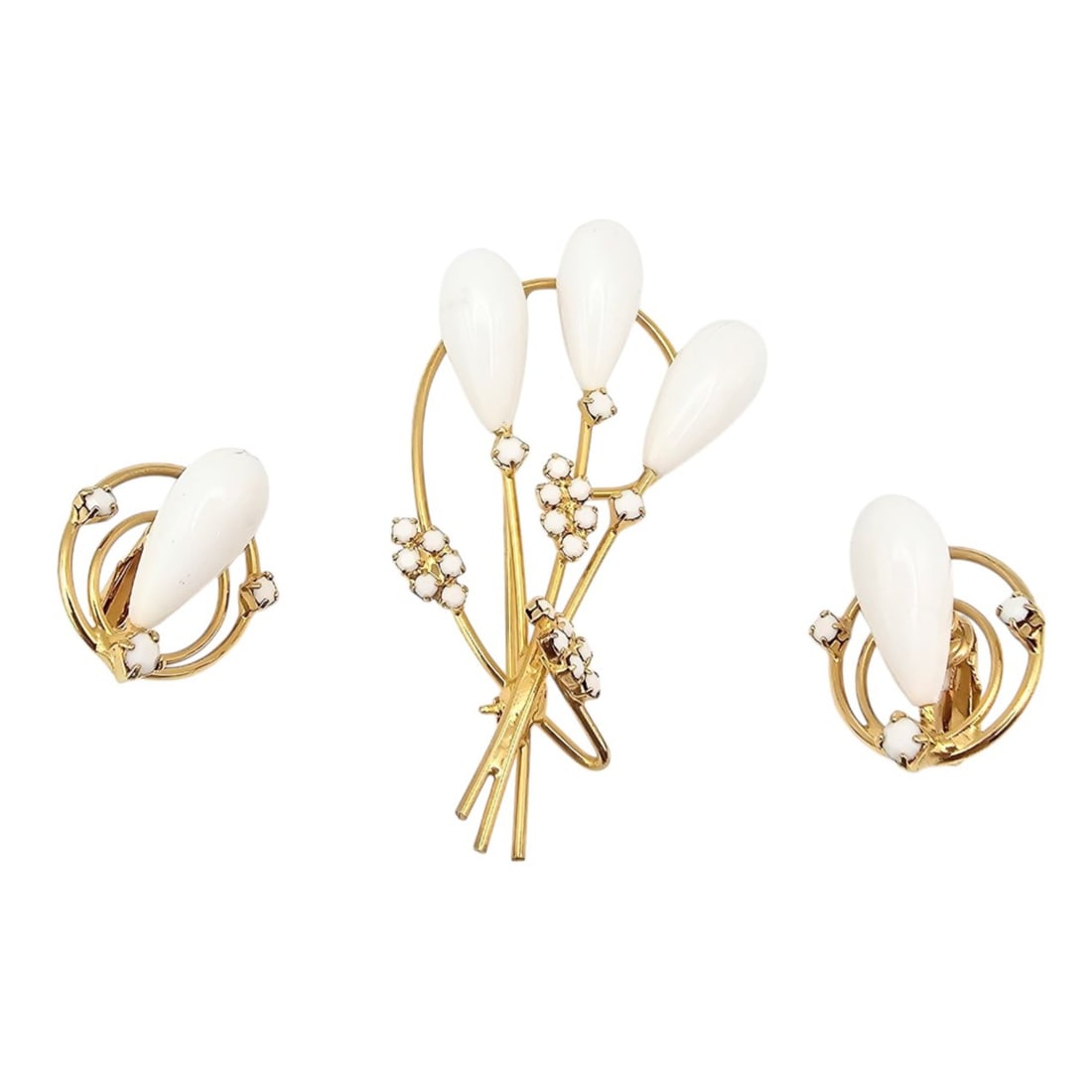 Vintage White Rhinestone Gold Tone Leaf Brooch Earrings Set (1 of 4)
