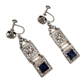 Vintage Rhinestone Silver Tone Deco Style Drop Dangle Earrings