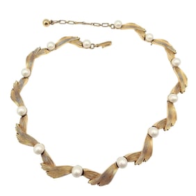 Trifari Faux Pearl Brushed Gold Necklace