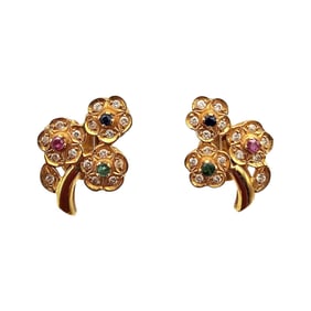 14K Gold Ruby Diamond Sapphire Emerald Flower Earrings 5.6 G