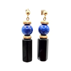 14K Gold Onyx Lapis Dangle Earrings 11.2 G
