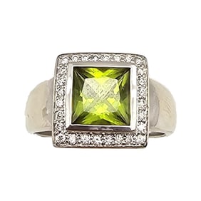 QCD Peridot Diamond 14K White Gold Cocktail Ring Size 9.5 7.6 G