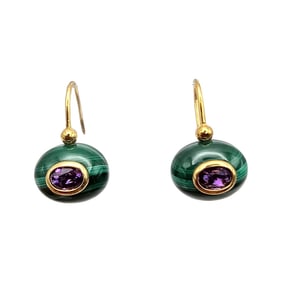 MW 18K Gold Amethyst Malachite Dangle Earrings 5.4 G