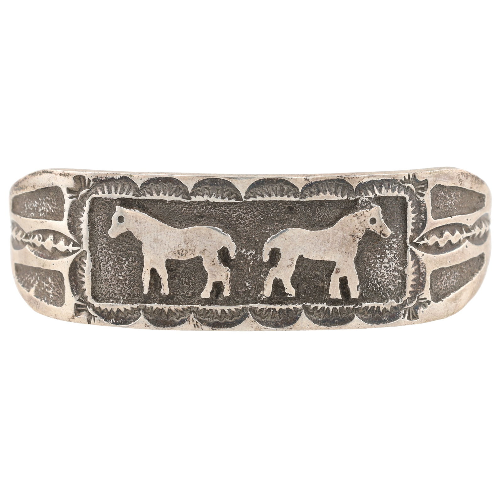 Emerson Kinsel Navajo Plain Silver Horse Overlay Bracelet: Emerson Kinsel Navajo Plain Silver Horse Overlay Bracelet 42g