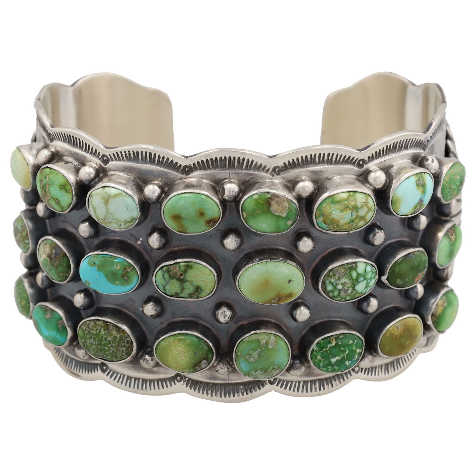 Tom Lewis Navajo Sterling Sonoran Gold Cuff Bracelet: Tom Lewis Navajo Sterling Sonoran Gold Cuff Bracelet 82g- Crack Top Left, Third Stone From Top Right Chunk Missing