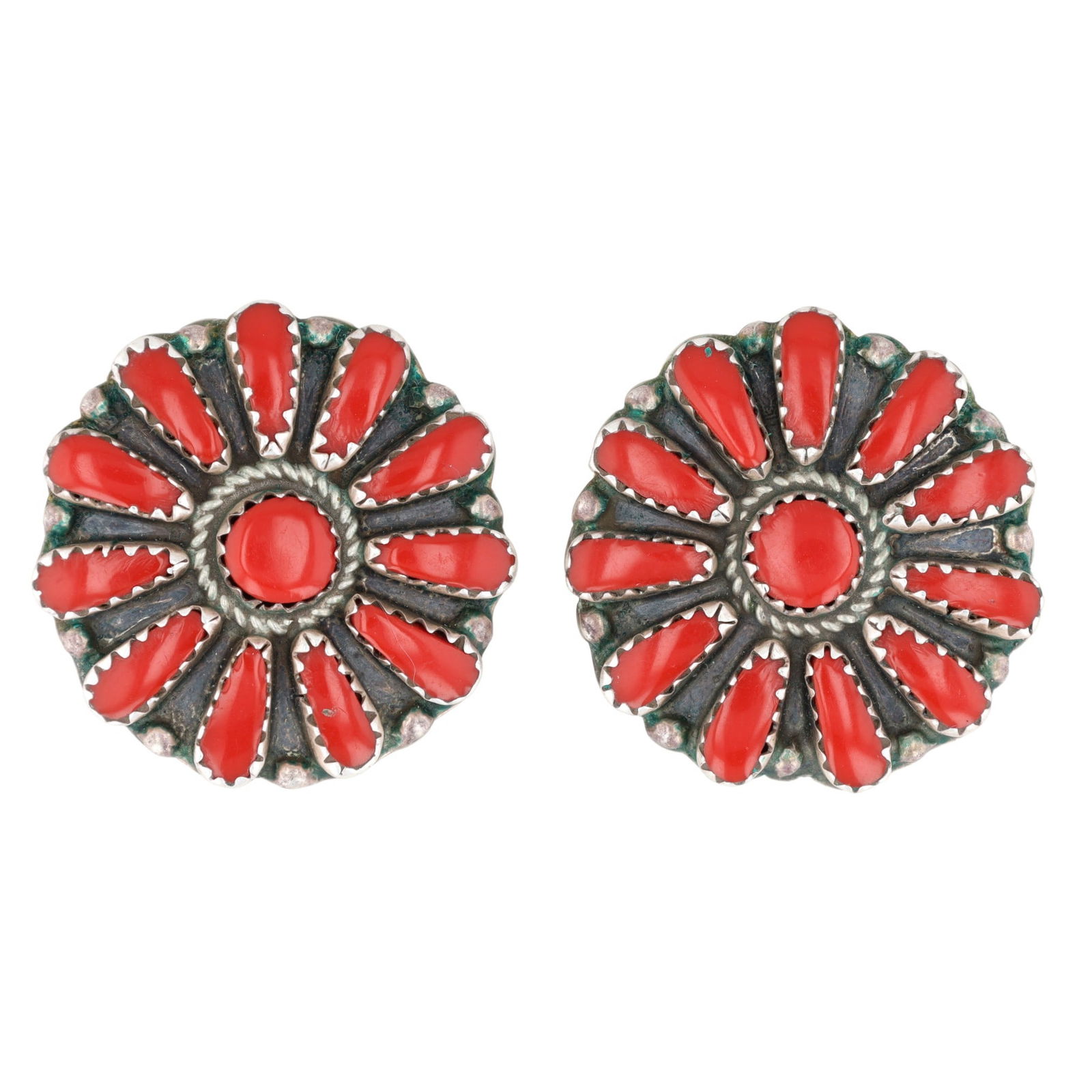 Signed TH Navajo Sterling Coral Earrings (1 of 4)