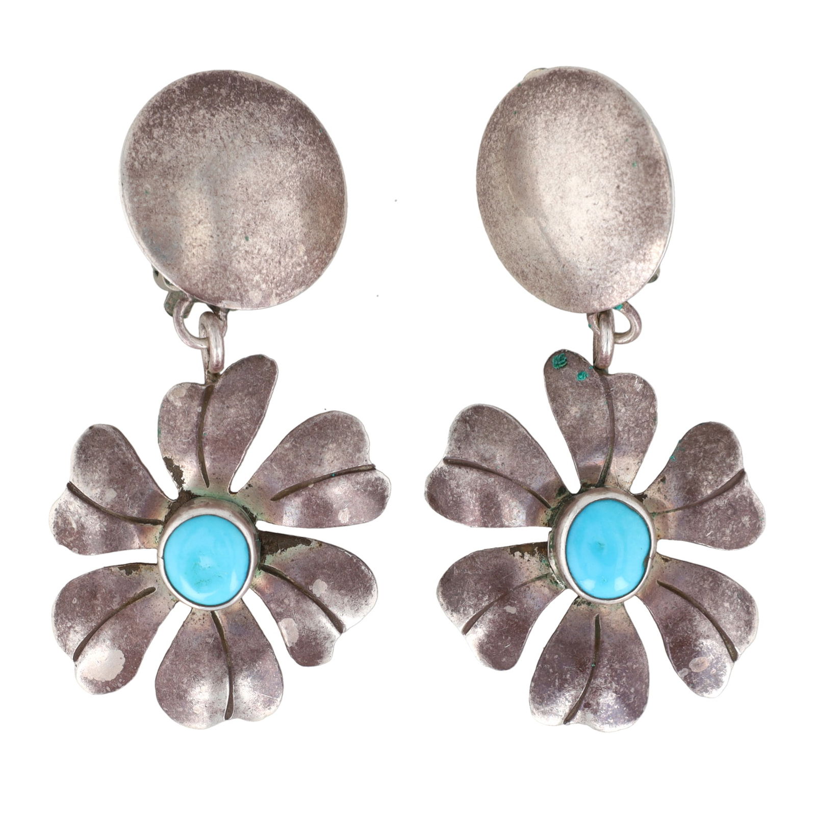 Signed CP Southwestern Sterling Turquoise Flower Earrings (1 of 4)