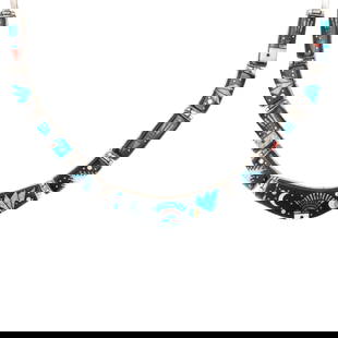 Merle House Navajo Sterling Multi Stone Inlay Necklace: Merle House Navajo Sterling Multi Stone Inlay Necklace 51.5g-Opals, Coral, Jet, Mother of Pearl, Turquoise