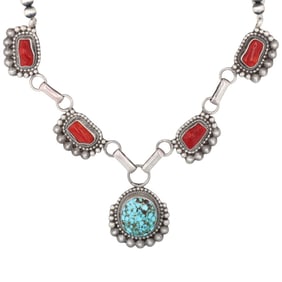 Tom Lewis Navajo Sterling Turquoise Coral Necklace