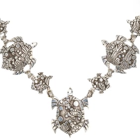 Lloyd Becenti Navajo Plain Silver Turtle Overlay Necklace