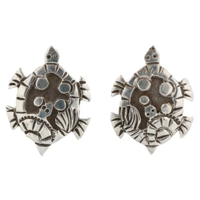 Lloyd Becenti Navajo Plain Silver Turtle Overlay Earrings