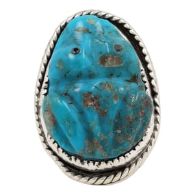 vintage Signed ML Navajo Sterling Carved Turquoise Frog Ring Sz. 8